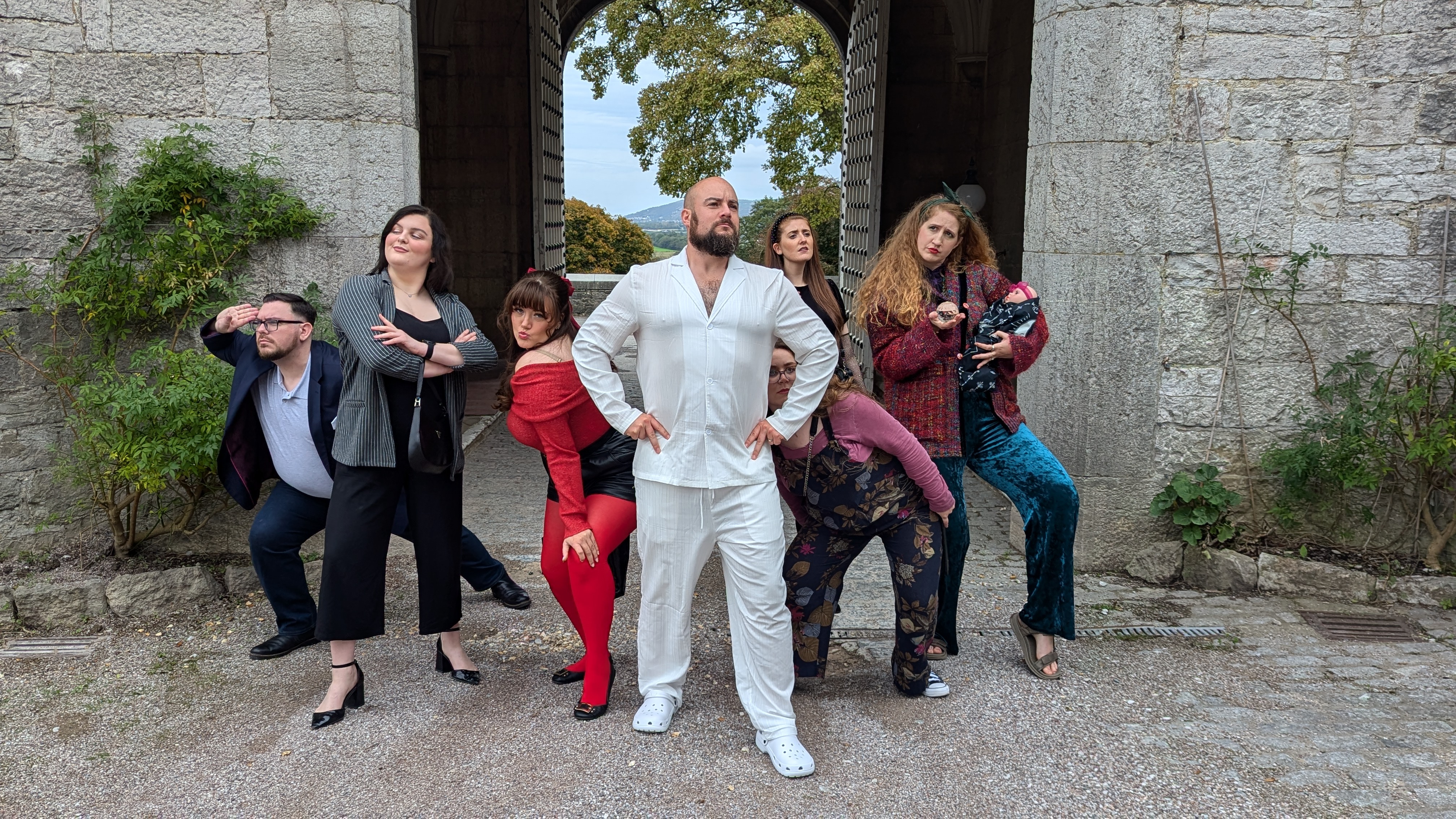 Alara murder mystery cast outside Bodelwyddan Castle